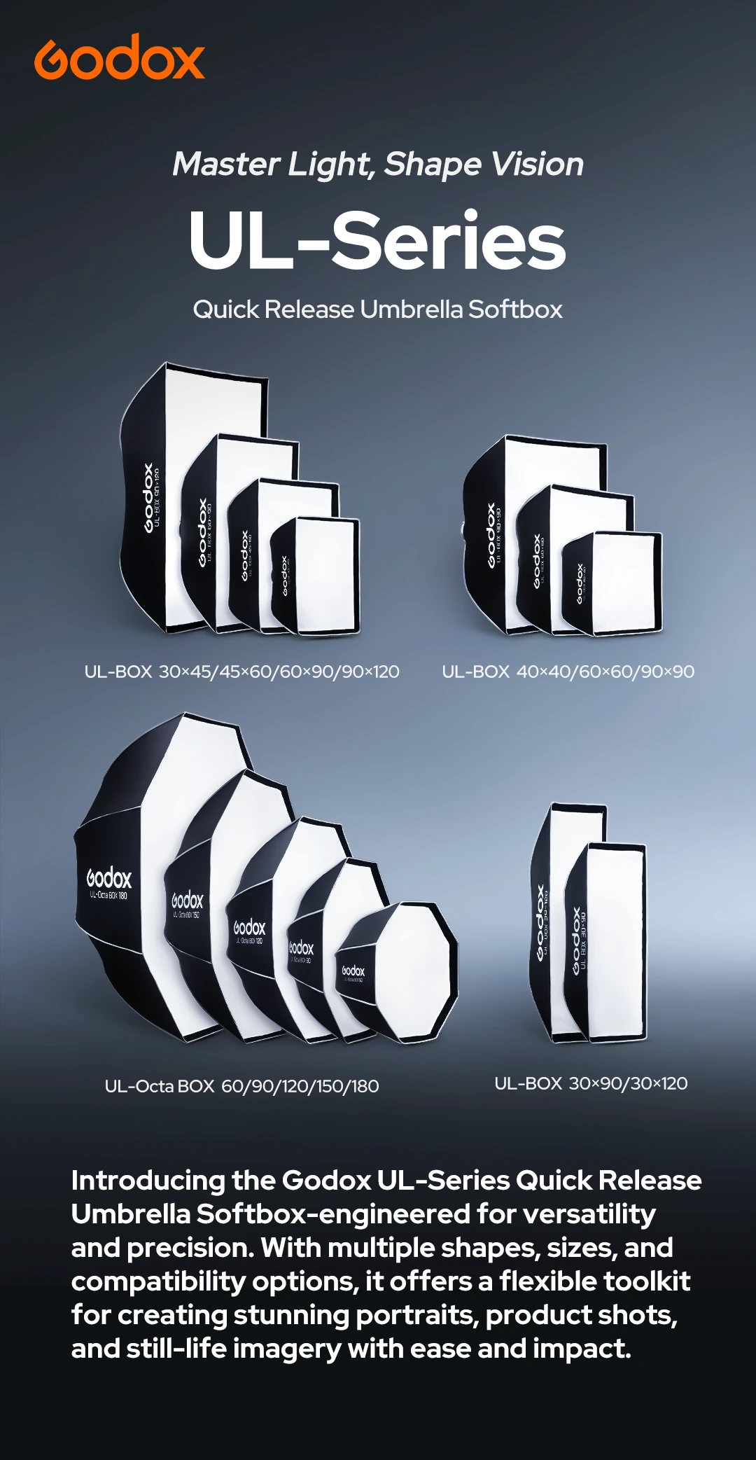 Godox UL-BOX-9090 quick-open softbox 90 × 90 cm Bowens — Hurtig paraplylignende opsætning Godox UL-BOX-9090 quick-open softbox 90 × 90 cm Bowens — Hurtig paraplylignende opsætning